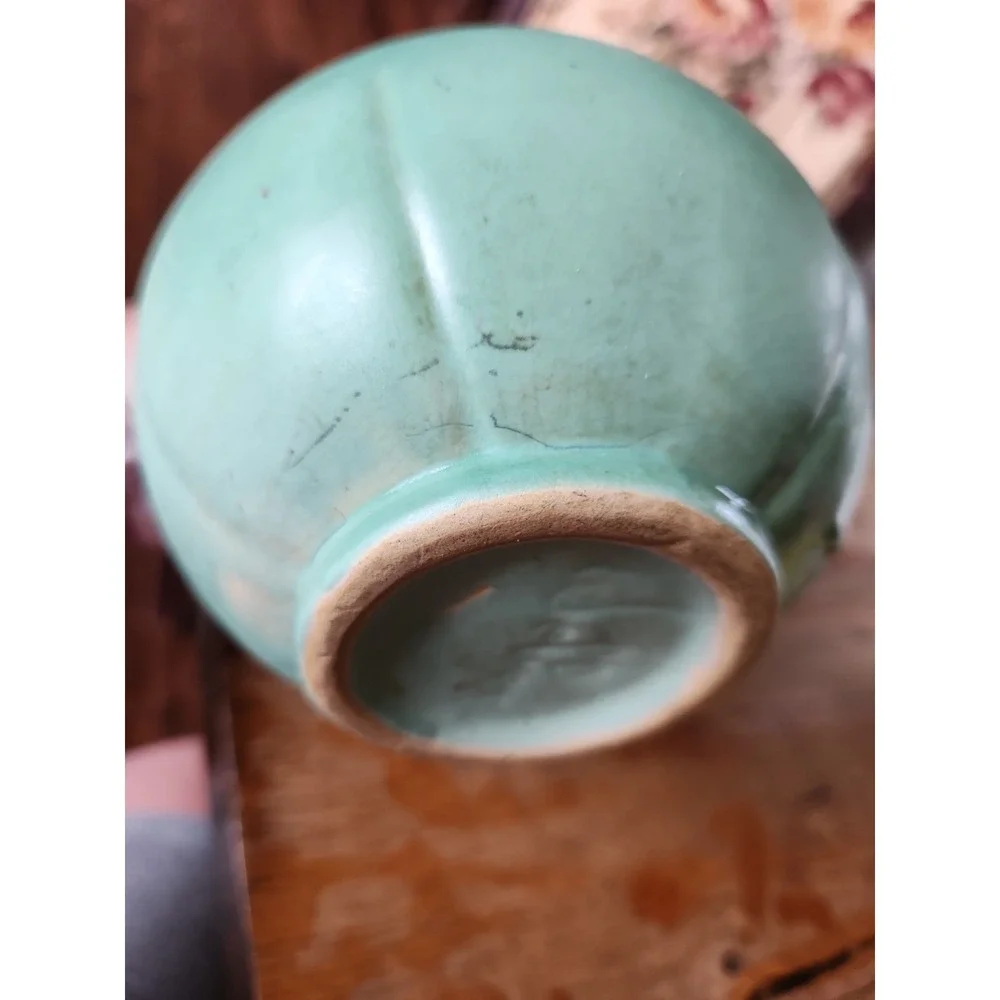 Vintage Weller Art Pottery Wild Rose Matte Green / Blue Basket Vase